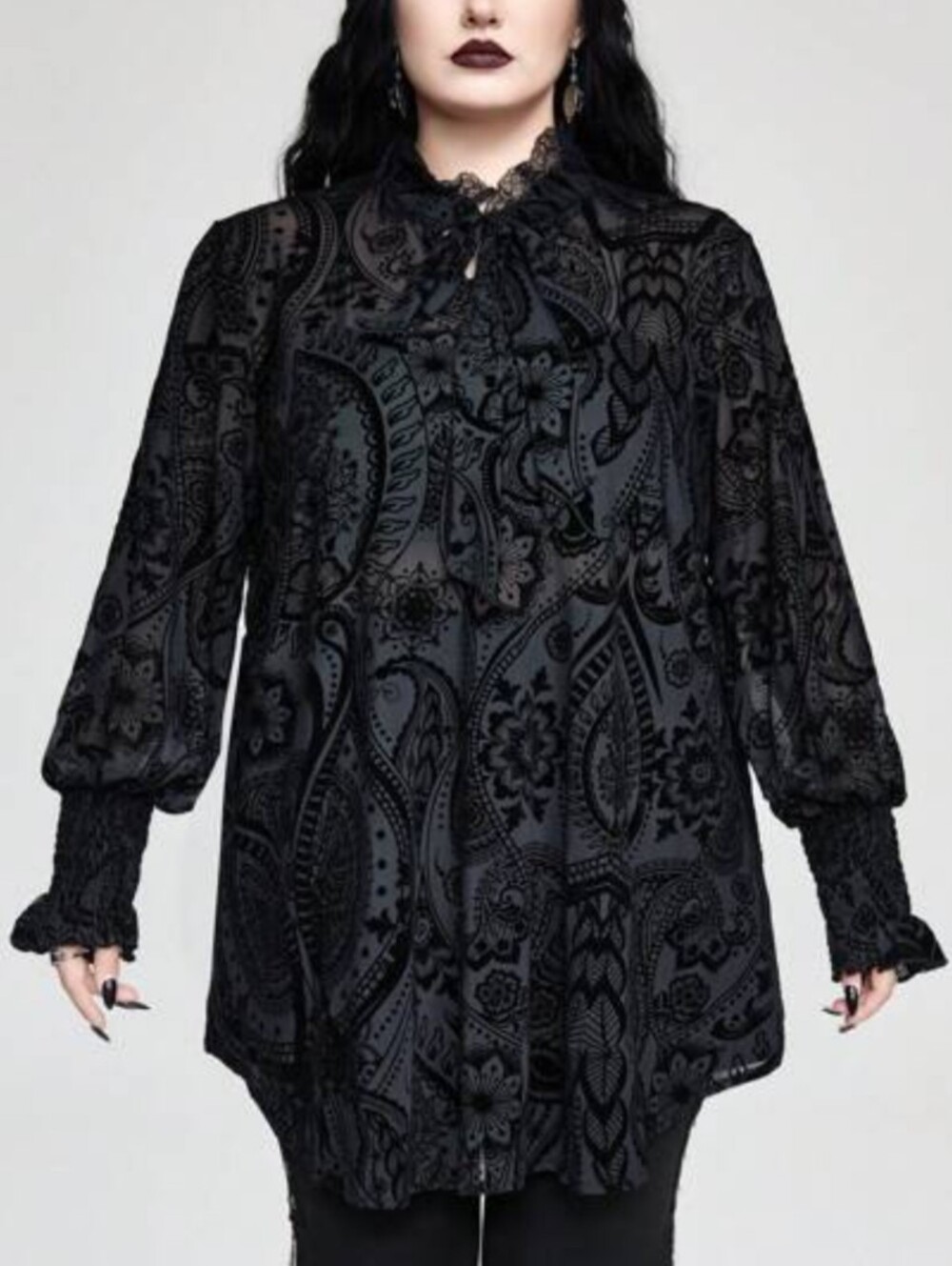 Romwe gothic poet blouse sheer mesh flocked velvet paisley 1X